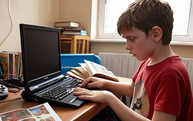 **
A concerned parent talking compassionately to their child, who is looking down at a gaming device with a troubled expression. The background subtly shows a messy room and neglected school books, hinting at the negative impact of gaming addiction. Emphasis on conveying a supportive and understanding atmosphere.
**