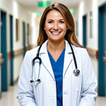 **

"A professional female doctor in a fully clothed white coat, stethoscope around her neck, smiling warmly in a bright, modern hospital hallway, patients and nurses subtly blurred in the background, safe for work, perfect anatomy, natural proportions, family-friendly, professional medical photography, high quality."

**