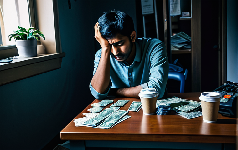 도박 중독 예방 치료 - Image Prompt 1: The Weight of Financial and Emotional Debt**