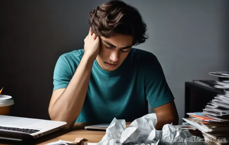 도박 중독과 가족 상담 - **Prompt:** A solemn young adult, gender ambiguous, sits hunched over at a small, cluttered desk in ...