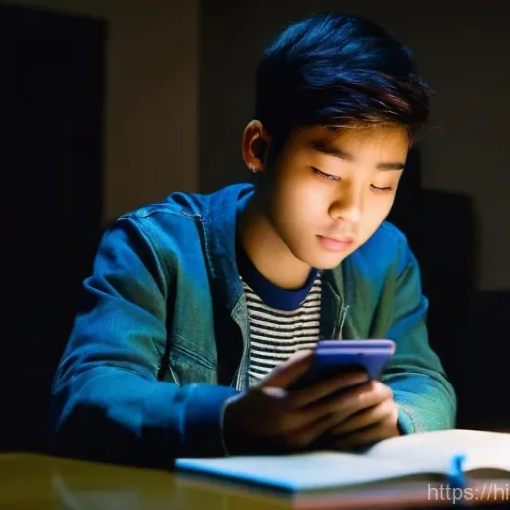 인터넷 중독과 정신건강 - **Prompt:** A young person, around 20-25 years old, sits in a dimly lit room, their face illuminated...