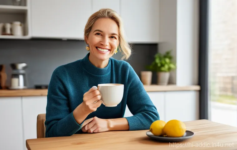 카페인 중독 치료를 위한 지원 - **Prompt:** "A brightly lit, clean kitchen or office setting. A diverse adult individual, dressed in...