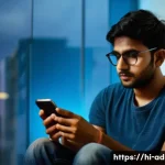 Home 11 인터넷 중독과 우울증 - A thoughtful young Indian man sitting indoors with a smartphone in hand, looking slightly stressed a...