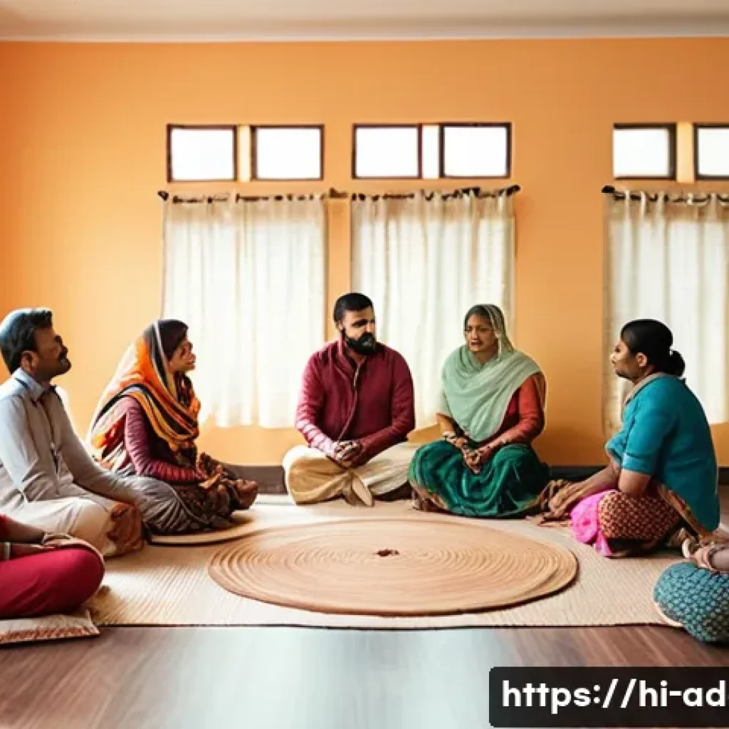 마약 중독 회복 프로그램 - A serene group therapy session in a bright, welcoming room with diverse Indian adults sitting in a c...