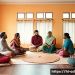 Home 10 마약 중독 회복 프로그램 - A serene group therapy session in a bright, welcoming room with diverse Indian adults sitting in a c...