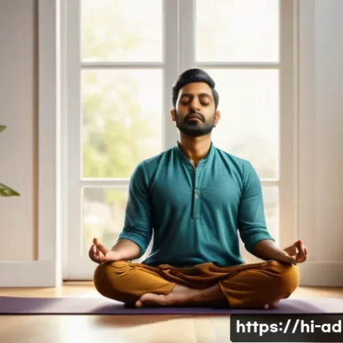 Home 19 니코틴 중독 회복기 - A thoughtful Indian man in his 30s practicing mindfulness meditation in a serene indoor setting with...