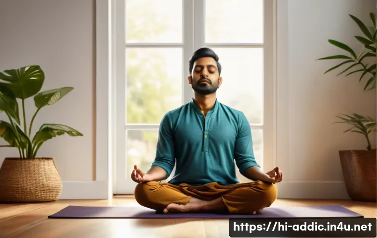 니코틴 중독 회복기 - A thoughtful Indian man in his 30s practicing mindfulness meditation in a serene indoor setting with...
