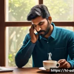 카페인 중독 예방 교육 - A detailed, realistic illustration of an Indian adult man sitting at a traditional wooden desk, look...