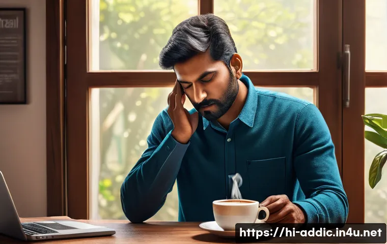 카페인 중독 예방 교육 - A detailed, realistic illustration of an Indian adult man sitting at a traditional wooden desk, look...