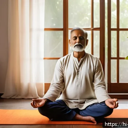 알콜 중독 회복기 - A detailed, realistic scene depicting a middle-aged Indian man sitting peacefully in a serene home e...