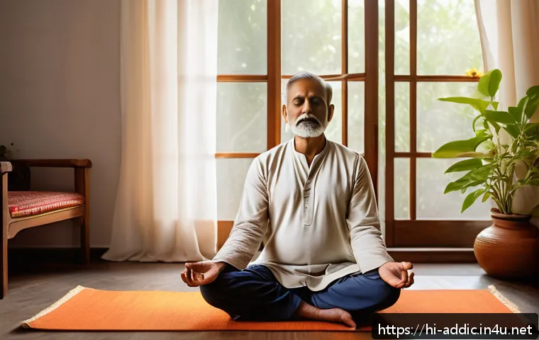 알콜 중독 회복기 - A detailed, realistic scene depicting a middle-aged Indian man sitting peacefully in a serene home e...