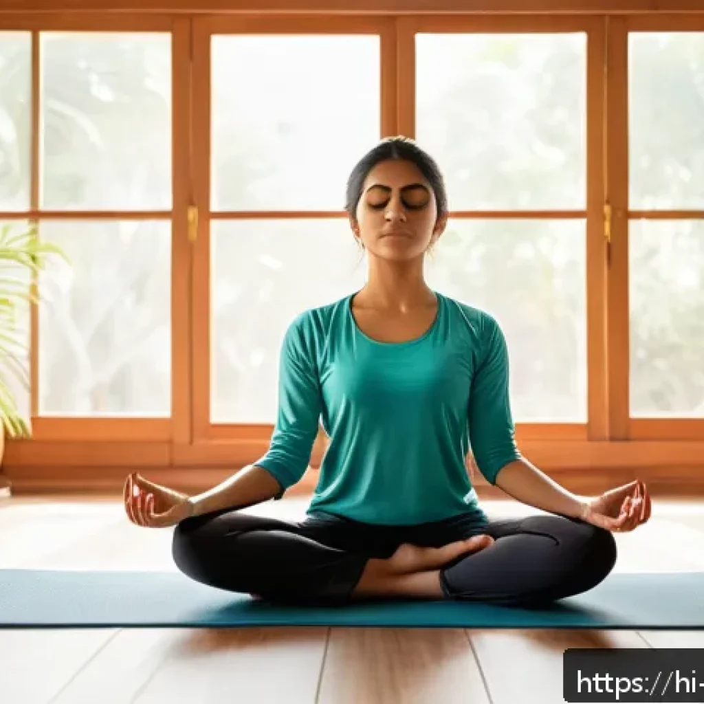 인터넷 중독과 정신적 회복 - A serene scene showing a young Indian woman sitting peacefully in a sunlit room practicing meditatio...