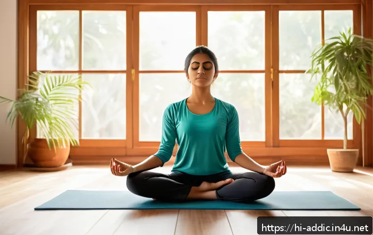 인터넷 중독과 정신적 회복 - A serene scene showing a young Indian woman sitting peacefully in a sunlit room practicing meditatio...