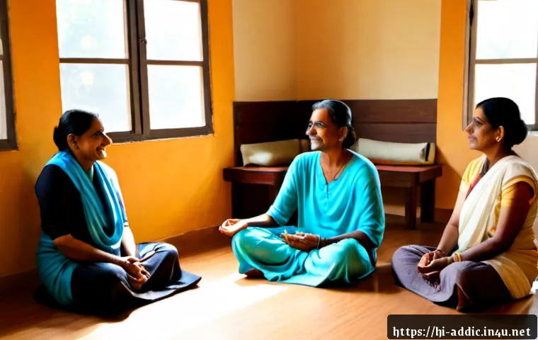 Home 15 식이장애의 사회적 회복 - Photorealistic community support circle in a bright, welcoming Indian wellness center, diverse young...