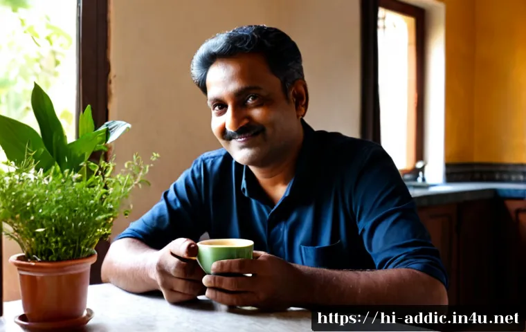 알콜중독 회복스토리 - Photorealistic Indian man in his early 40s sitting calmly at a sunlit kitchen table in a modest home...
