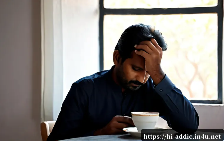알콜 중독의 정신적 영향 - Photorealistic Indian middle-aged man sitting alone at a modest apartment dining table in the early ...